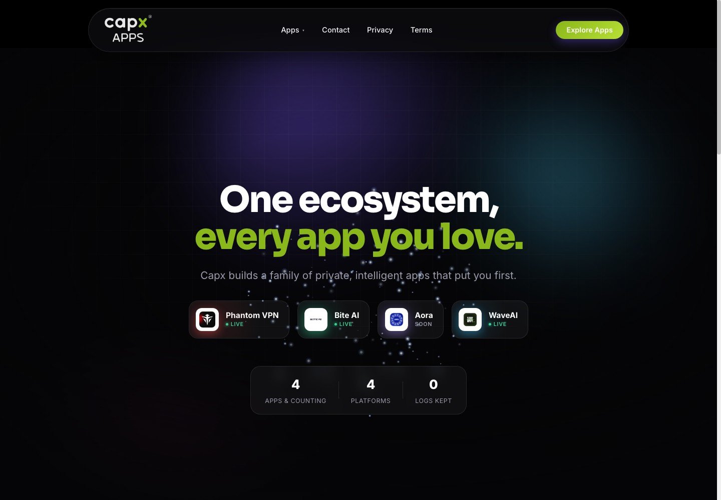 Capx Ecosystem Apps homepage presenting its family of privacy and AI applications