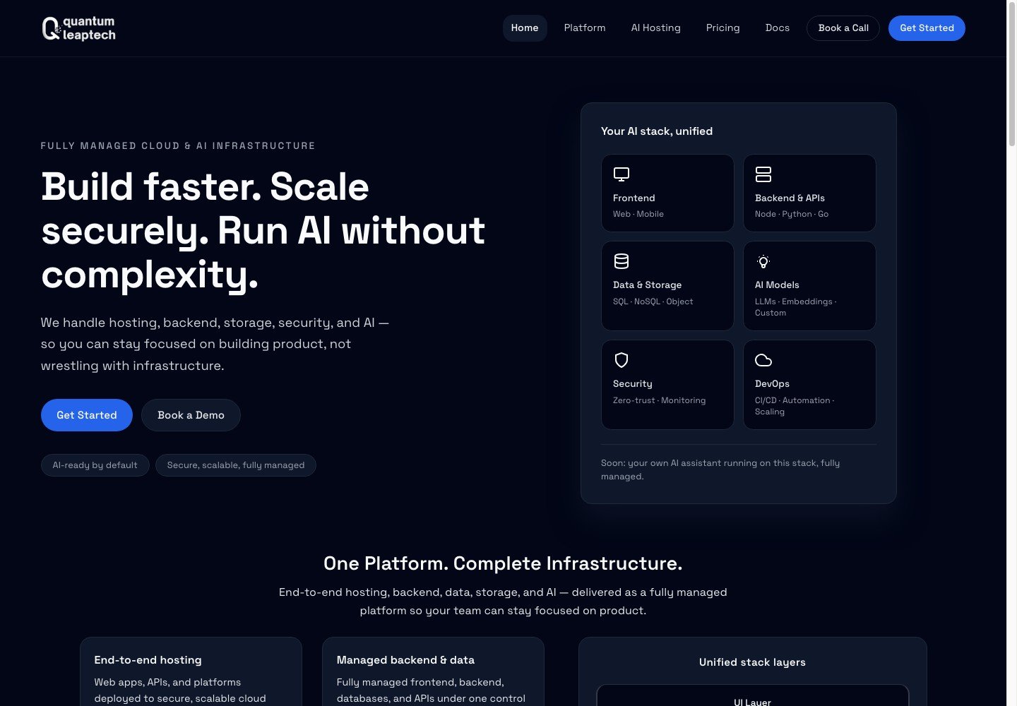 Quantum Leap Tech homepage presenting its managed cloud and AI infrastructure stack
