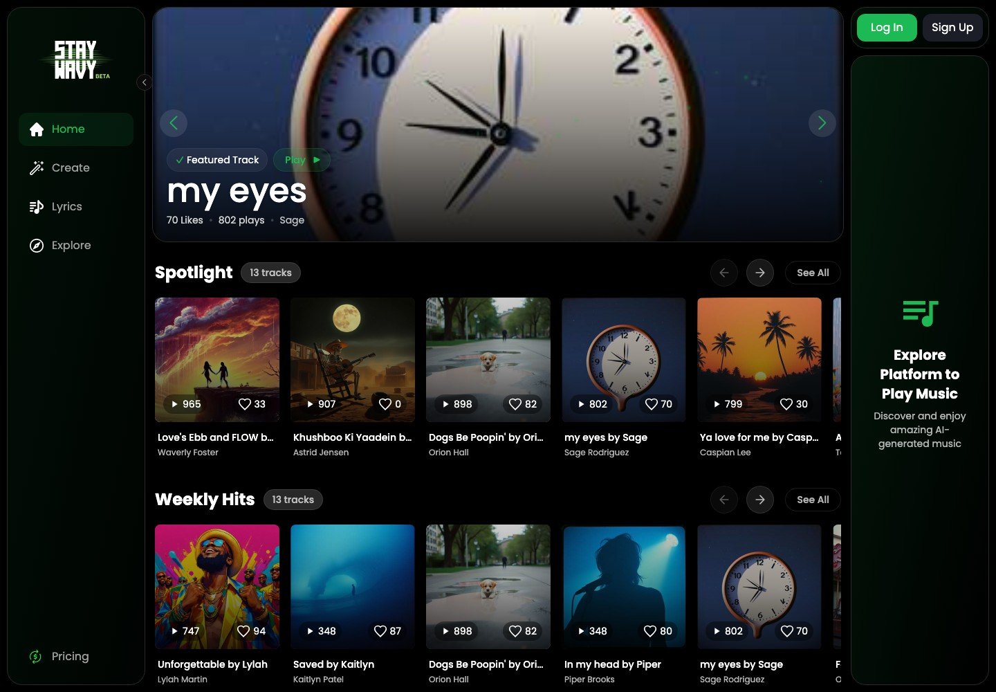 Stay Wavy music platform showing featured tracks, artwork and its discovery library