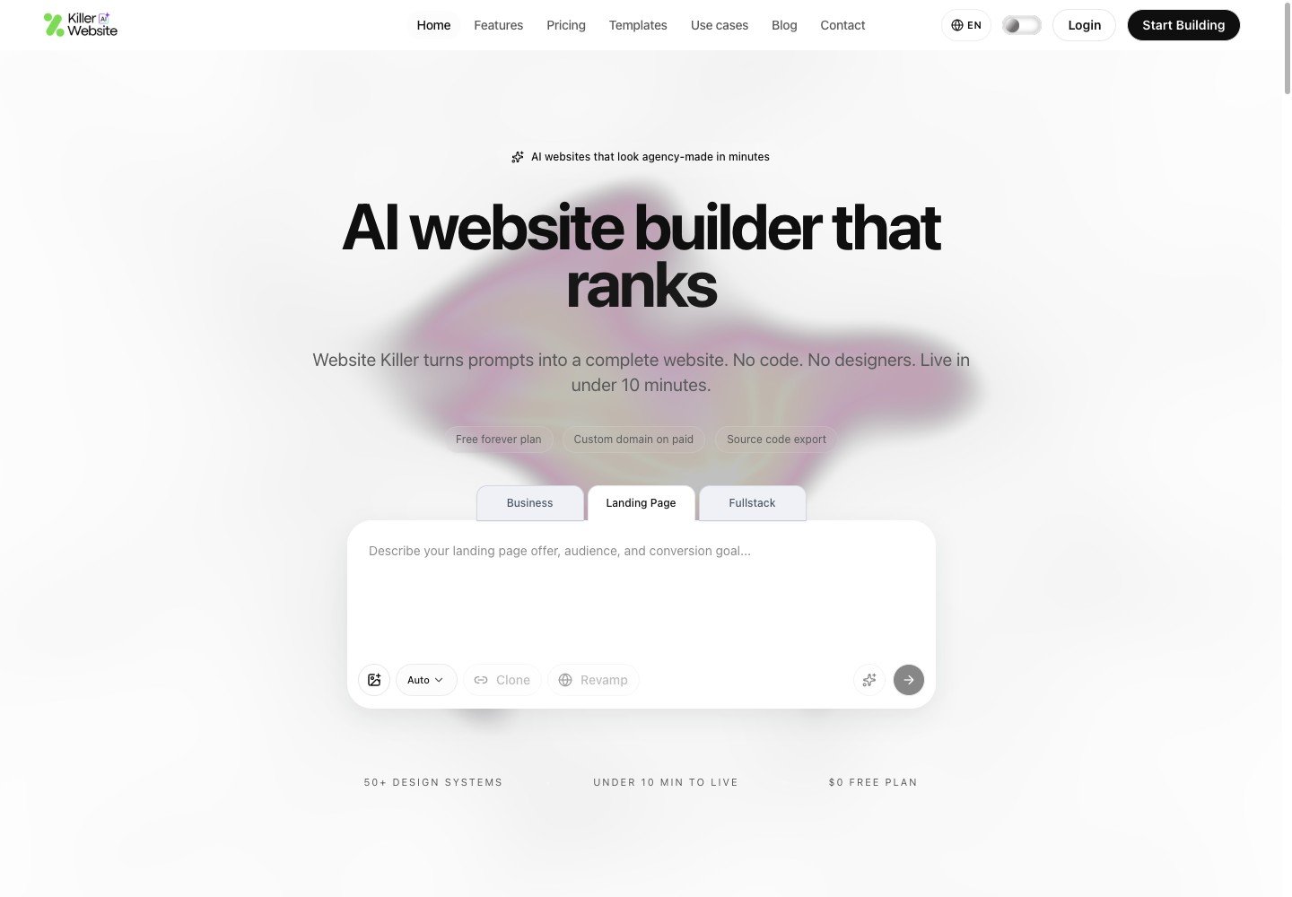 Website Killer homepage introducing its AI website builder